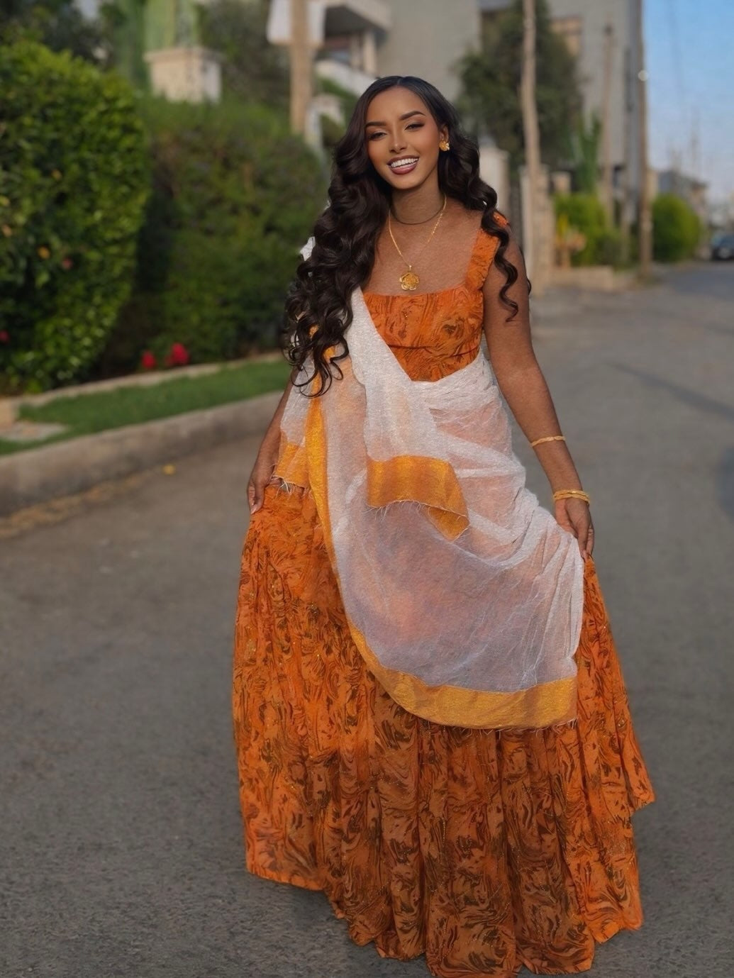 Orange Habesha shiffon – Flowing Ethiopian Chiffon Dress for Weddings & Evening Celebrations L