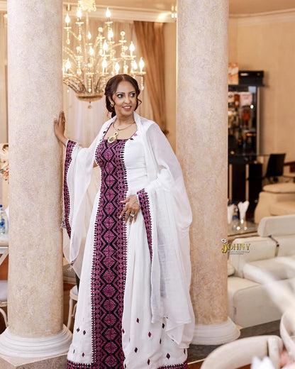 Purple Habesha Kemis – Elegant Ethiopian Traditional Dress with Hand-Woven Mulu Tilf Embroidery for Formal Events