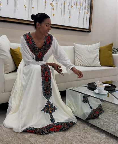 Red Simple Flowing Ethiopian Kemis – Lightweight Traditional Habesha Dress for Comfortable Everyday Elegance