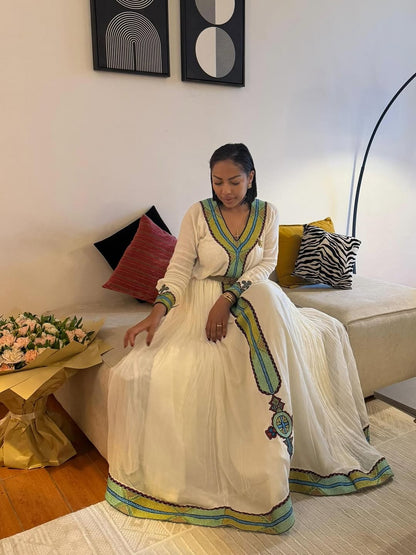 Blue Habesha Zuria with Tibeb – Traditional Ethiopian Dress with Woven Detail for Cultural Events and Celebrations