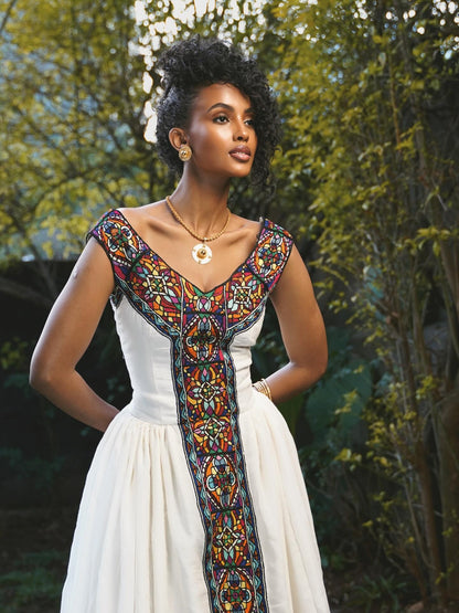 Tsehaye Mehari Multicolor Habesha Wedding Dress – Modern Cotton Fitted Bodice Design for Graduation