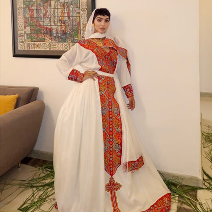 Tsehaye Mahari Red Habesha Kemis – Cotton Traditional Habesha Kemis