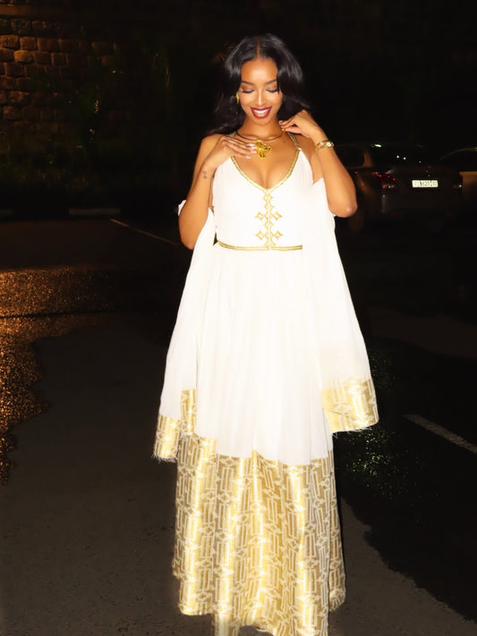 Ethiopian national dresses – gold Traditional Habesha Dress for Weddings & Celebrations