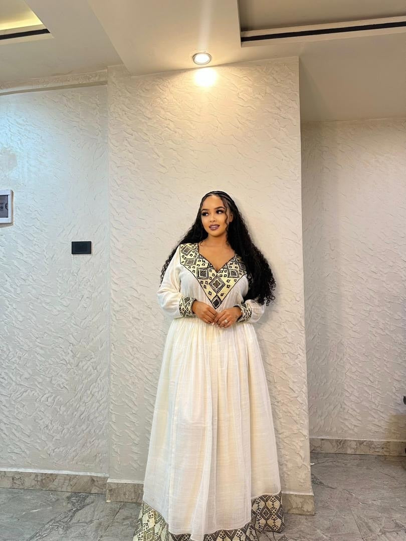 Ethiopian Dress – Modern White Cotton with silver Embroidery for Cultural Festivals