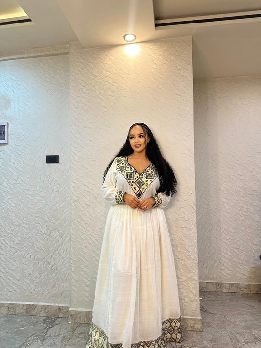 Ethiopian Dress – Modern White Cotton with silver Embroidery for Cultural Festivals