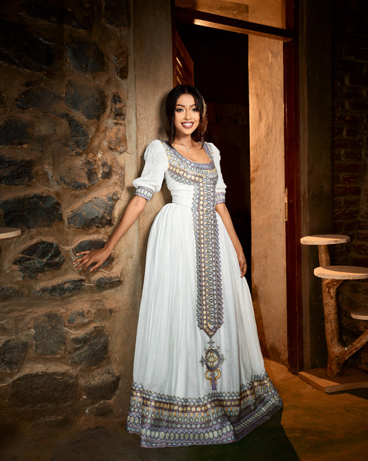 Women's Green Habesha Dress for Timkat | Traditional Ethiopian Dress with Tilf Border