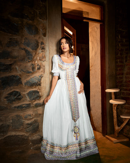 Women's Green Habesha Dress for Timkat | Traditional Ethiopian Dress with Tilf Border