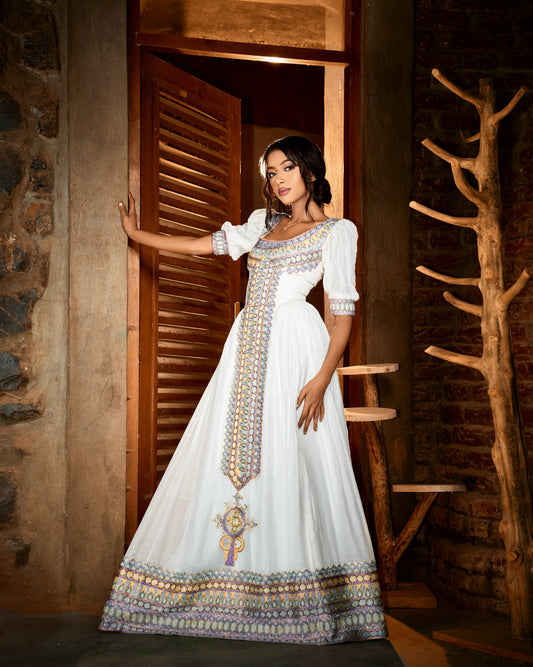 Women's Green Habesha Dress for Timkat | Traditional Ethiopian Dress with Tilf Border