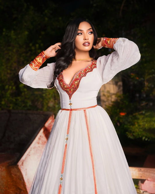 Habesha Kemis – White & stunning Red Modern Style for Engagements