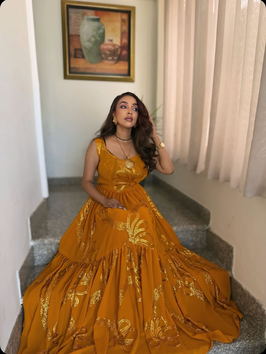 Gold Habesha Chiffon Dress – Flowing Ethiopian Outfit for Weddings, Parties, and Cultural Events
