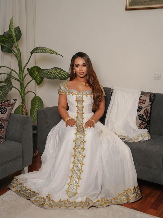 Gold Habesha Libs – Radiant Ethiopian Traditional Dress for Grand Weddings & Royal Mels
