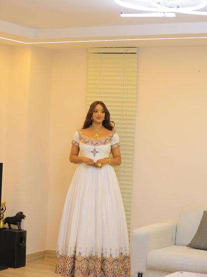 White Habesha Dress with Gold & Corset Bodice – Tilf Ethiopian Traditional Dress with netela for Weddings