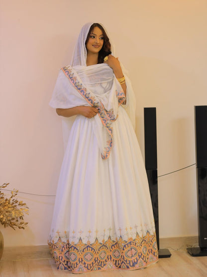 White Habesha Kemis in Handwoven Shemma – Multicolor Geometric Tilf Ethiopian Traditional Dress for Genna & Cultural Events