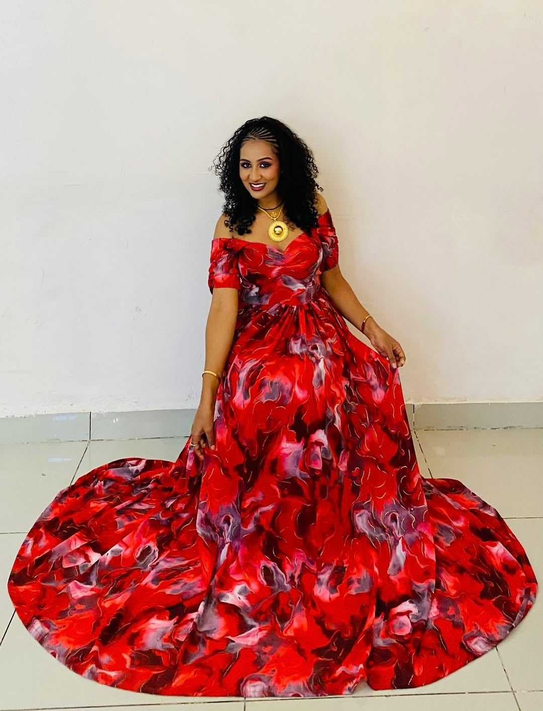 Red Habesha shiffon – Elegant Ethiopian Chiffon Dress with Flowing Silhouette for Weddings, Parties, and Cultural Events XS