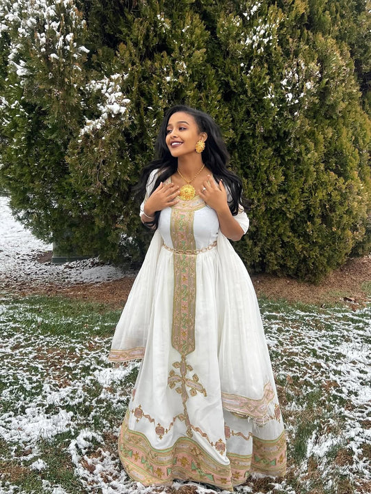 Green Ethiopian Dress – Classic Habesha Kemis with Handwoven Tibeb