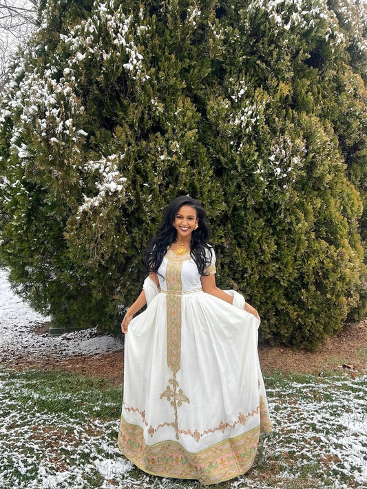Green Ethiopian Dress – Classic Habesha Kemis with Handwoven Tibeb